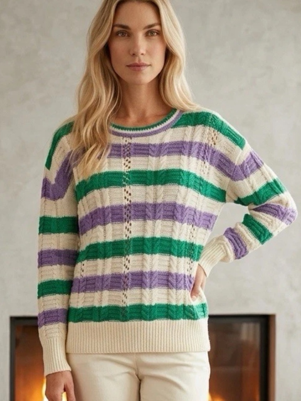 Etcetera Cream, Green & Purple Striped Cable Knit Sweater